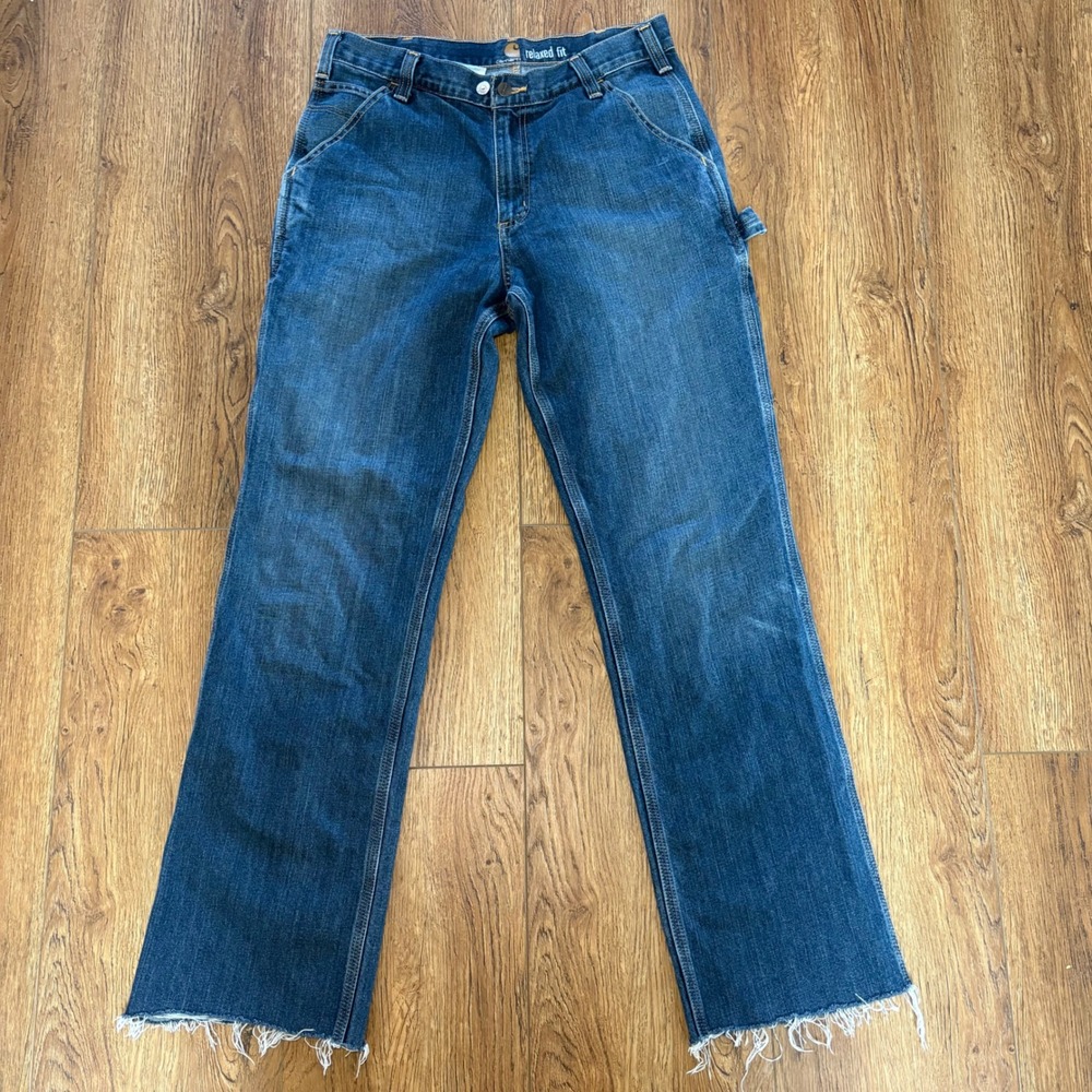 Carhartt Relaxed Fit Carpenter Jeans Blue Denim Raw Hem Mens 32x31 Workwear Read